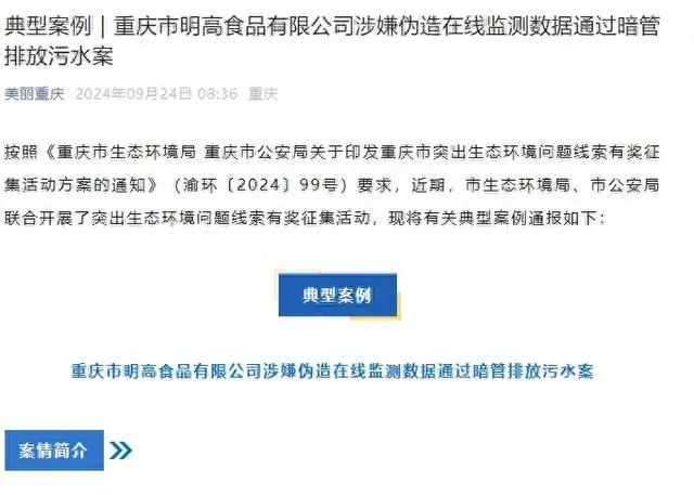 食品公司伪造监测数据后通过暗管排污，重庆通报一起生态环境问题典型案例
